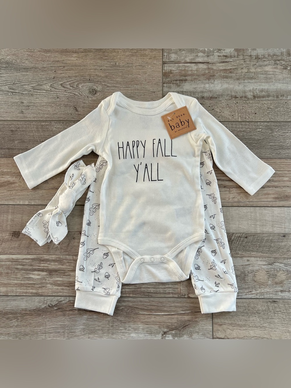 NWT Rae Dunn "Happy Fall Y'all" Onesie, Leggings & Headband Set 6/9 Months